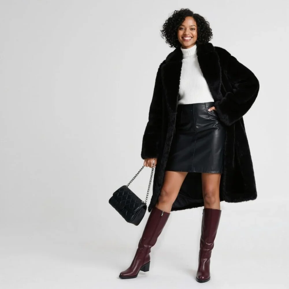 Women's Burgundy Chunky Heel Round Zipper Winter Tall Dress Knee High Boots